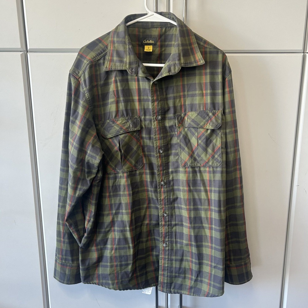 Cabelas Mens Large Long Sleeve Plaid Button Down Shirt Olive Green Gray Orange